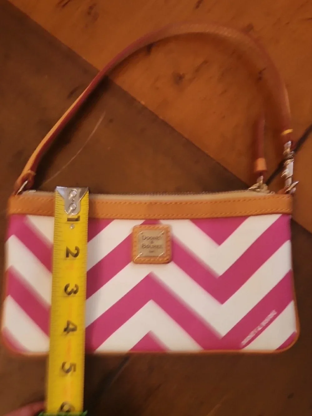 Dooney & Bourke Pink and White Chevron Wristlet with Tan Trim